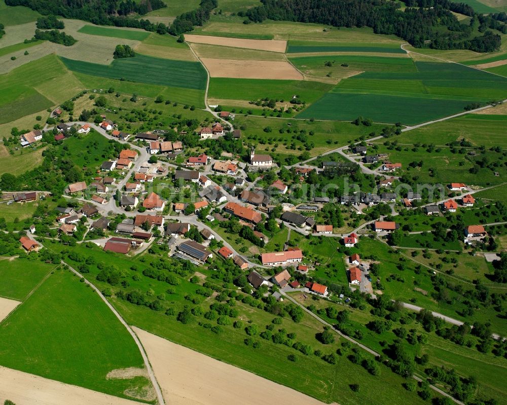 Krenkingen from above - Agricultural land and field boundaries surround the settlement area of the village in Krenkingen in the state Baden-Wuerttemberg, Germany