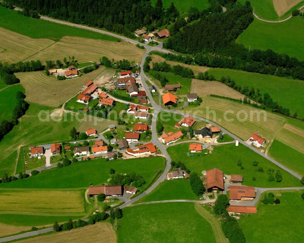 Kriseszell from the bird's eye view: Agricultural land and field boundaries surround the settlement area of the village in Kriseszell in the state Bavaria, Germany