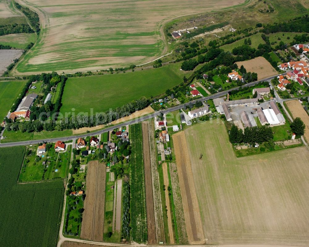 Körner from above - Agricultural land and field boundaries surround the settlement area of the village in Körner in the state Thuringia, Germany