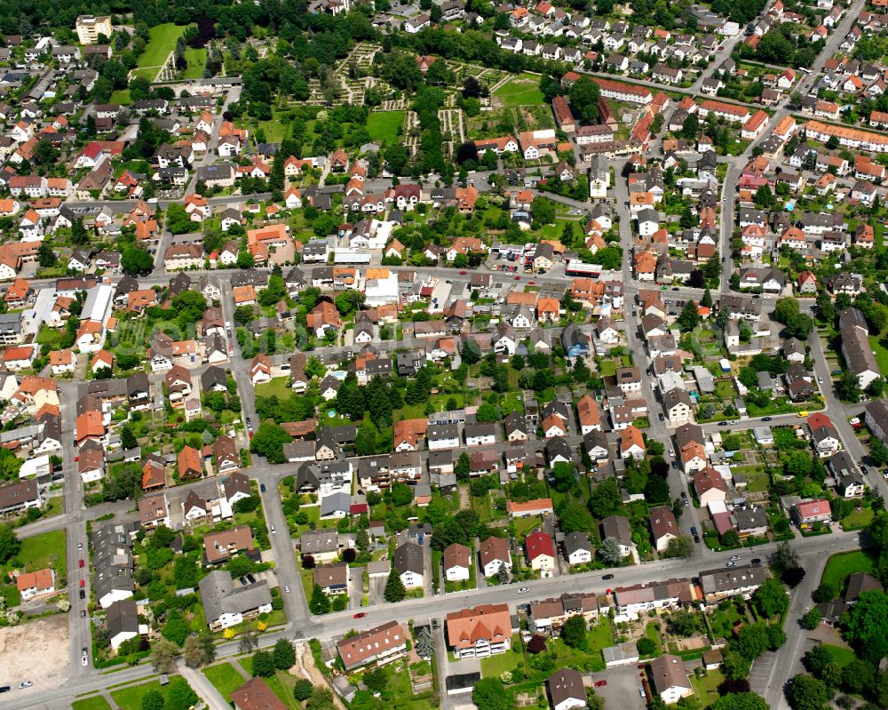 Kronenhof from above - Agricultural land and field boundaries surround the settlement area of the village in Kronenhof in the state Baden-Wuerttemberg, Germany