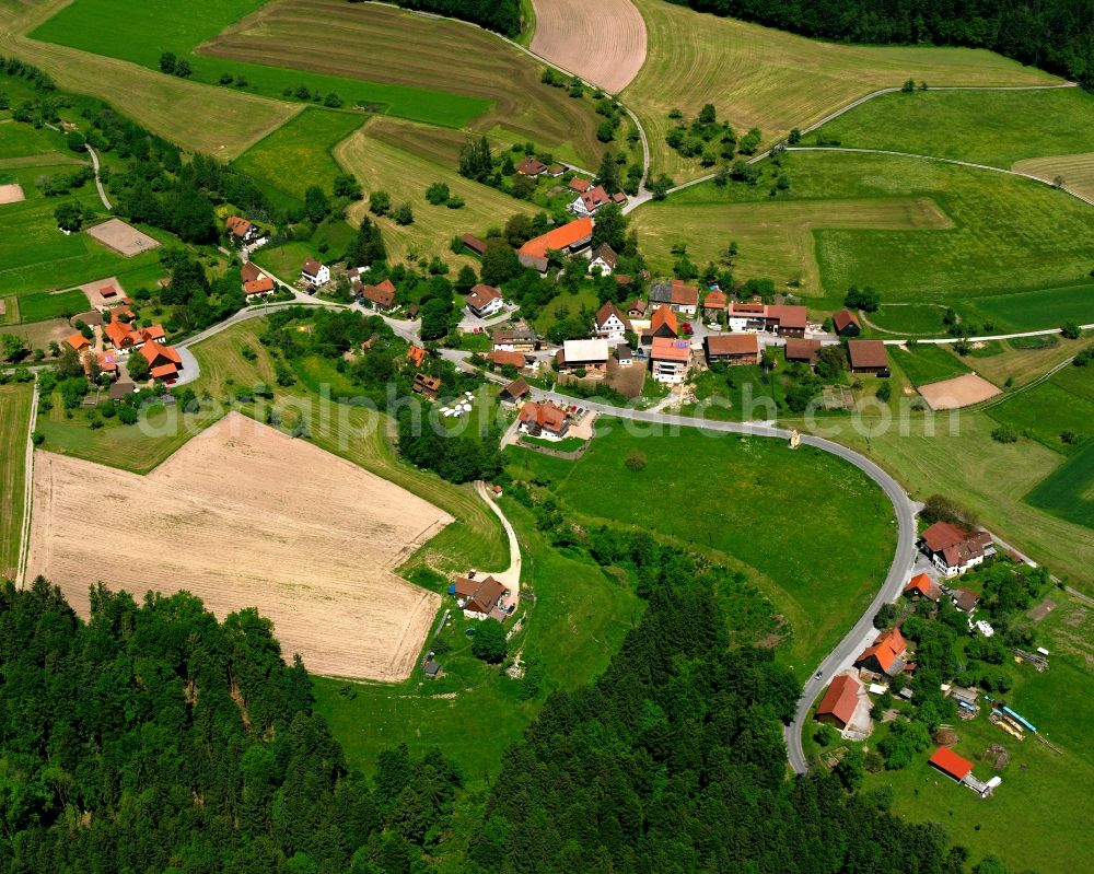 Käsbach from the bird's eye view: Agricultural land and field boundaries surround the settlement area of the village in Käsbach in the state Baden-Wuerttemberg, Germany