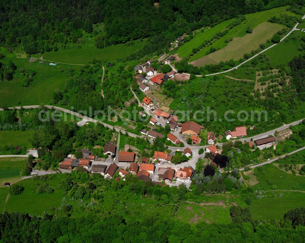 Aerial image Kurzach - Agricultural land and field boundaries surround the settlement area of the village in Kurzach in the state Baden-Wuerttemberg, Germany