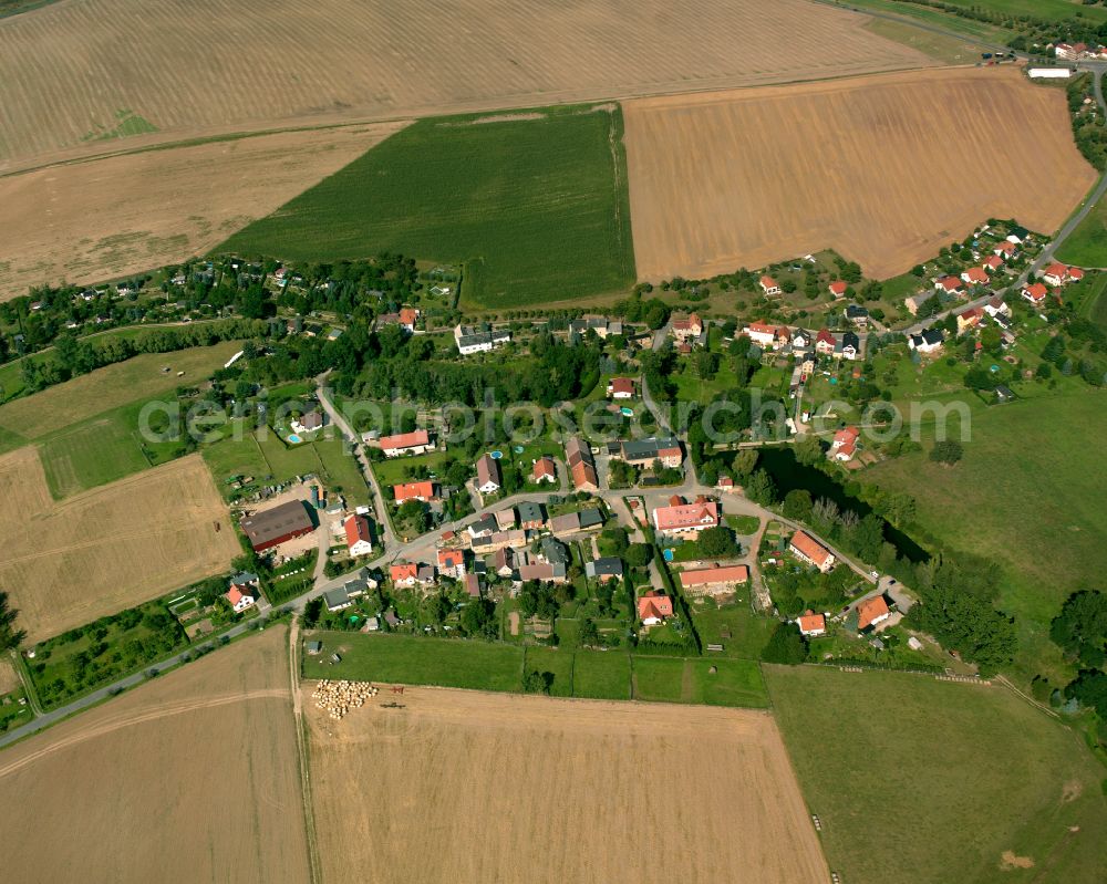 Laasen from above - Agricultural land and field boundaries surround the settlement area of the village in Laasen in the state Thuringia, Germany