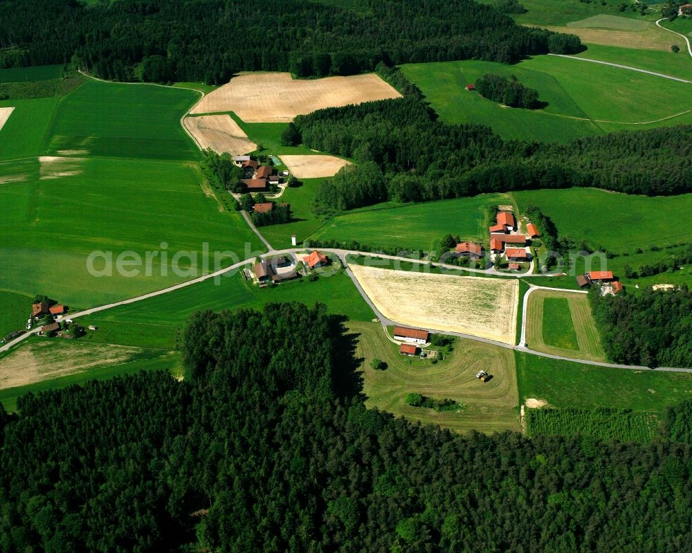 Labüchl from the bird's eye view: Agricultural land and field boundaries surround the settlement area of the village in Labüchl in the state Bavaria, Germany