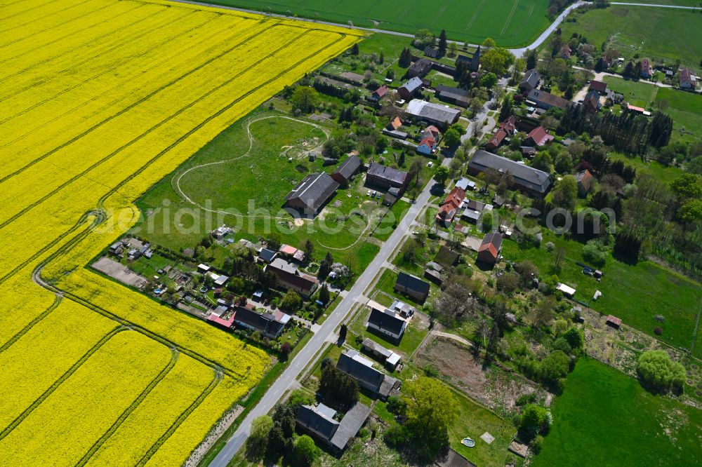 Ladekath from above - Agricultural land and field boundaries surround the settlement area of the village in Ladekath in the state Saxony-Anhalt, Germany