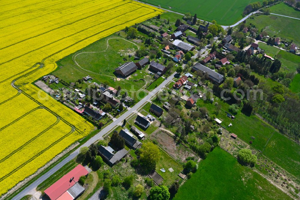 Ladekath from the bird's eye view: Agricultural land and field boundaries surround the settlement area of the village in Ladekath in the state Saxony-Anhalt, Germany