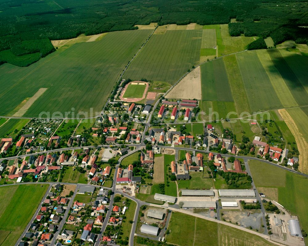 Lampertswalde from the bird's eye view: Agricultural land and field boundaries surround the settlement area of the village in Lampertswalde in the state Saxony, Germany