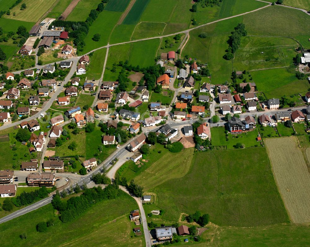 Langenbrand from the bird's eye view: Agricultural land and field boundaries surround the settlement area of the village in Langenbrand in the state Baden-Wuerttemberg, Germany