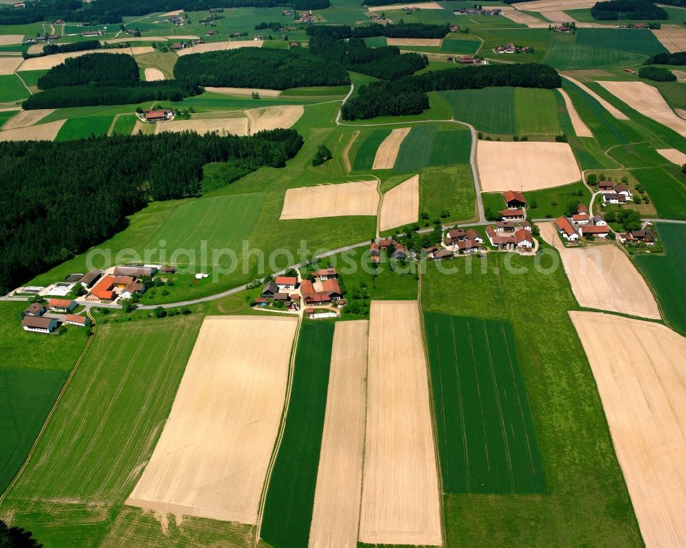 Langeneck from above - Agricultural land and field boundaries surround the settlement area of the village in Langeneck in the state Bavaria, Germany