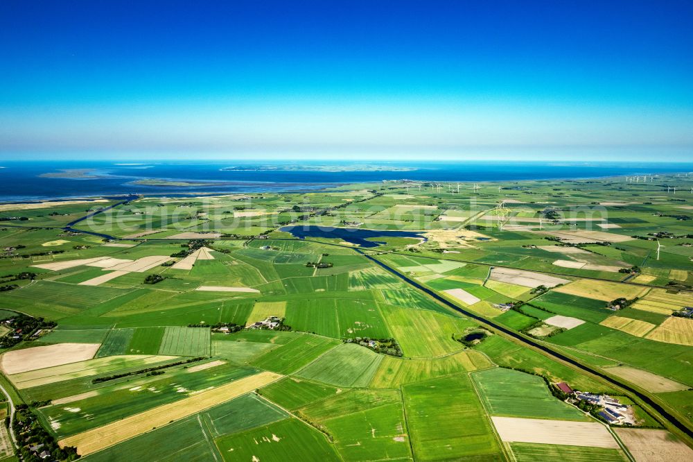 Langenhorn from above - Agricultural land and field boundaries surround the settlement area of the village in Langenhorn in the state Schleswig-Holstein, Germany