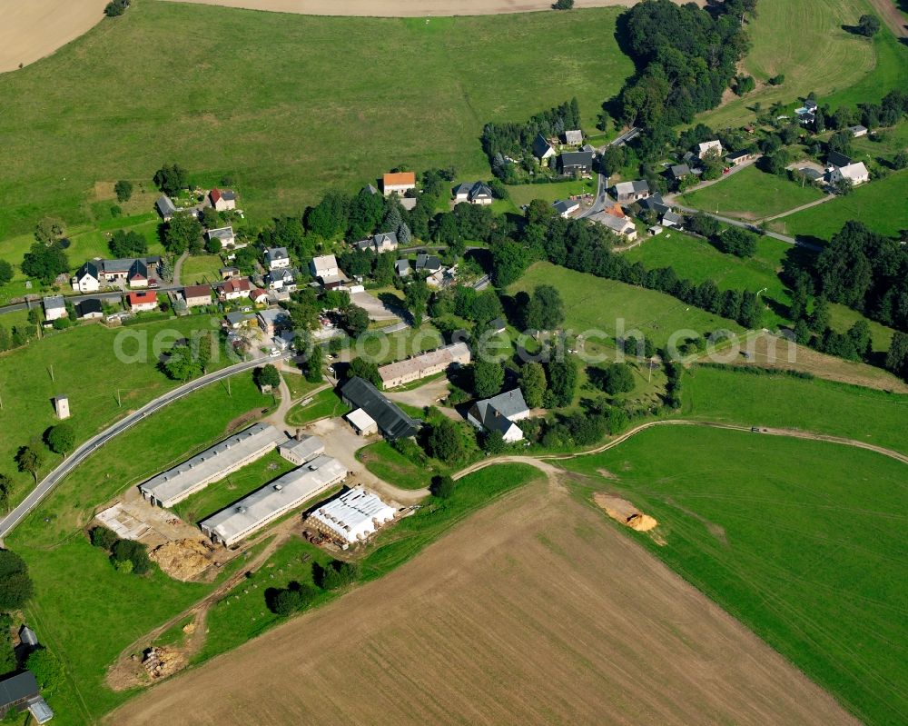 Aerial image Langenstriegis - Agricultural land and field boundaries surround the settlement area of the village in Langenstriegis in the state Saxony, Germany