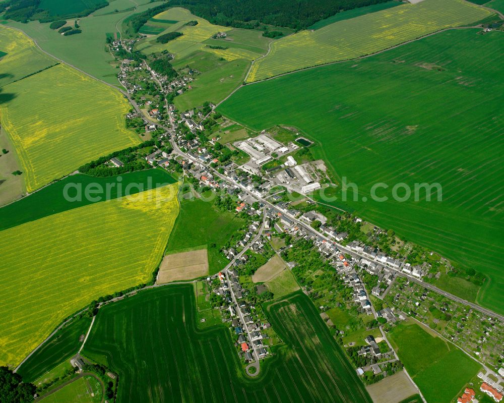 Langenwolschendorf from above - Agricultural land and field boundaries surround the settlement area of the village in Langenwolschendorf in the state Thuringia, Germany