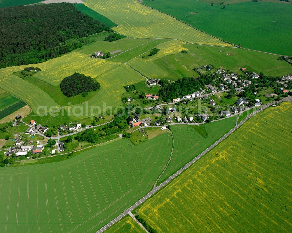 Aerial photograph Langenwolschendorf - Agricultural land and field boundaries surround the settlement area of the village in Langenwolschendorf in the state Thuringia, Germany