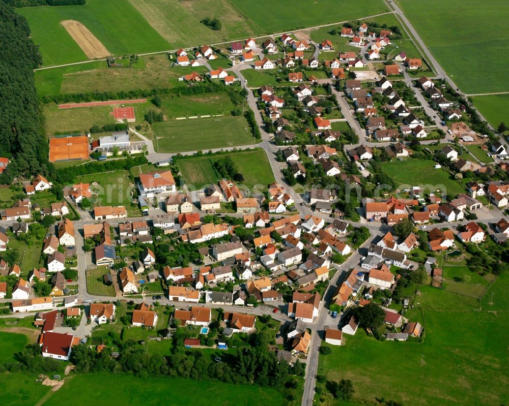 Aerial photograph Langfurth - Agricultural land and field boundaries surround the settlement area of the village in Langfurth in the state Bavaria, Germany