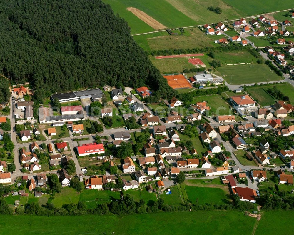 Langfurth from above - Agricultural land and field boundaries surround the settlement area of the village in Langfurth in the state Bavaria, Germany