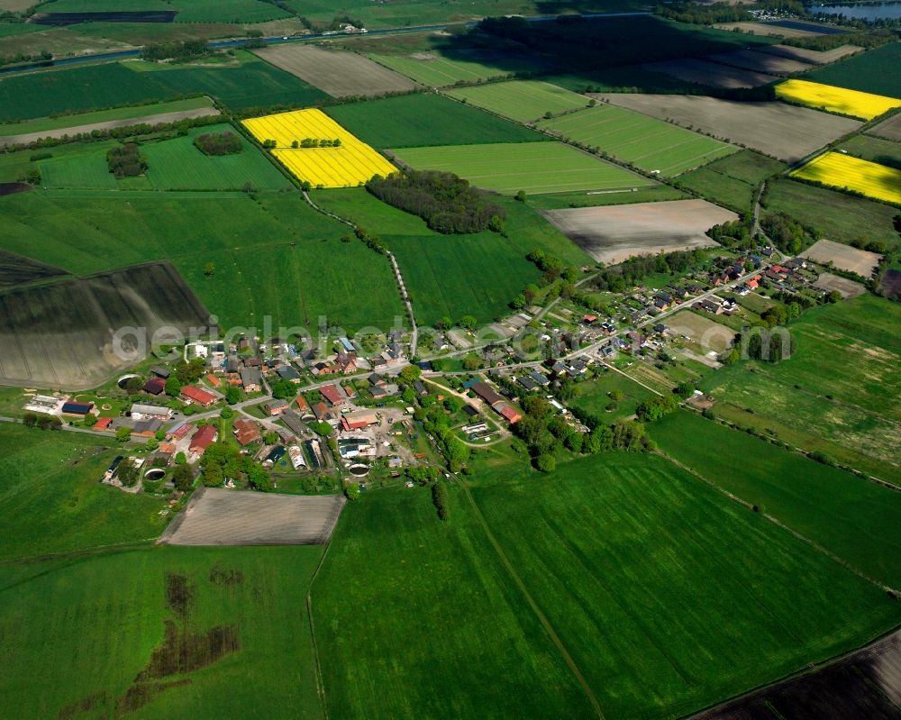 Lanze from above - Agricultural land and field boundaries surround the settlement area of the village in Lanze in the state Schleswig-Holstein, Germany