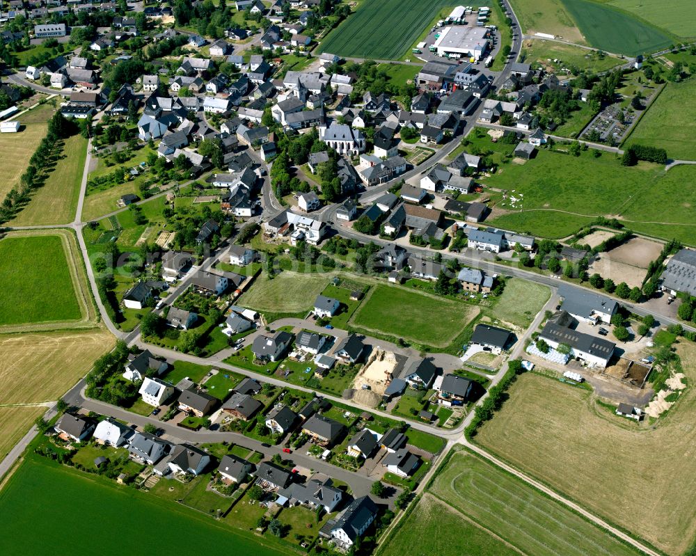 Aerial image Laubach - Agricultural land and field boundaries surround the settlement area of the village in Laubach in the state Rhineland-Palatinate, Germany