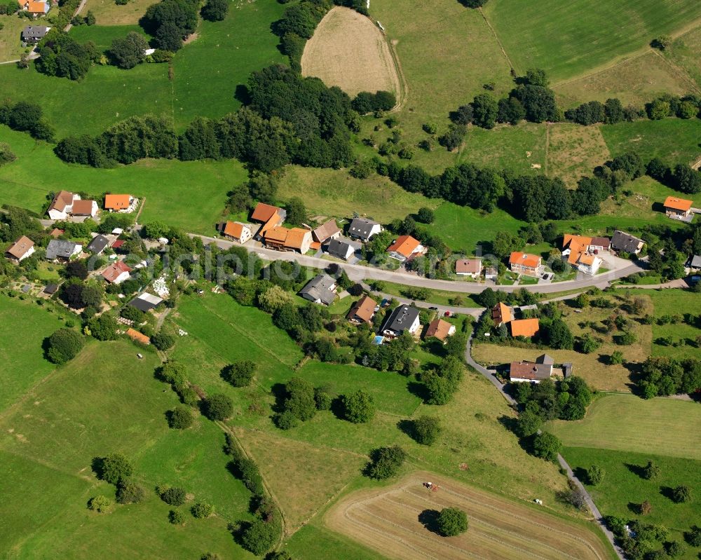 Aerial photograph Laudenau - Agricultural land and field boundaries surround the settlement area of the village in Laudenau in the state Hesse, Germany