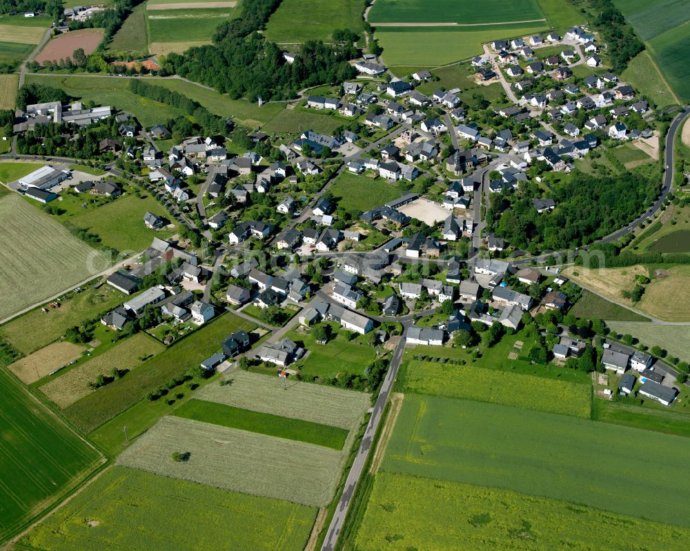 Laudert from above - Agricultural land and field boundaries surround the settlement area of the village in Laudert in the state Rhineland-Palatinate, Germany