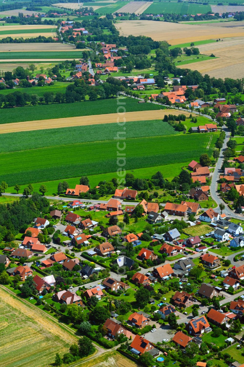 Lauenhagen from above - Agricultural land and field boundaries surround the settlement area of the village in Lauenhagen in the state Lower Saxony, Germany