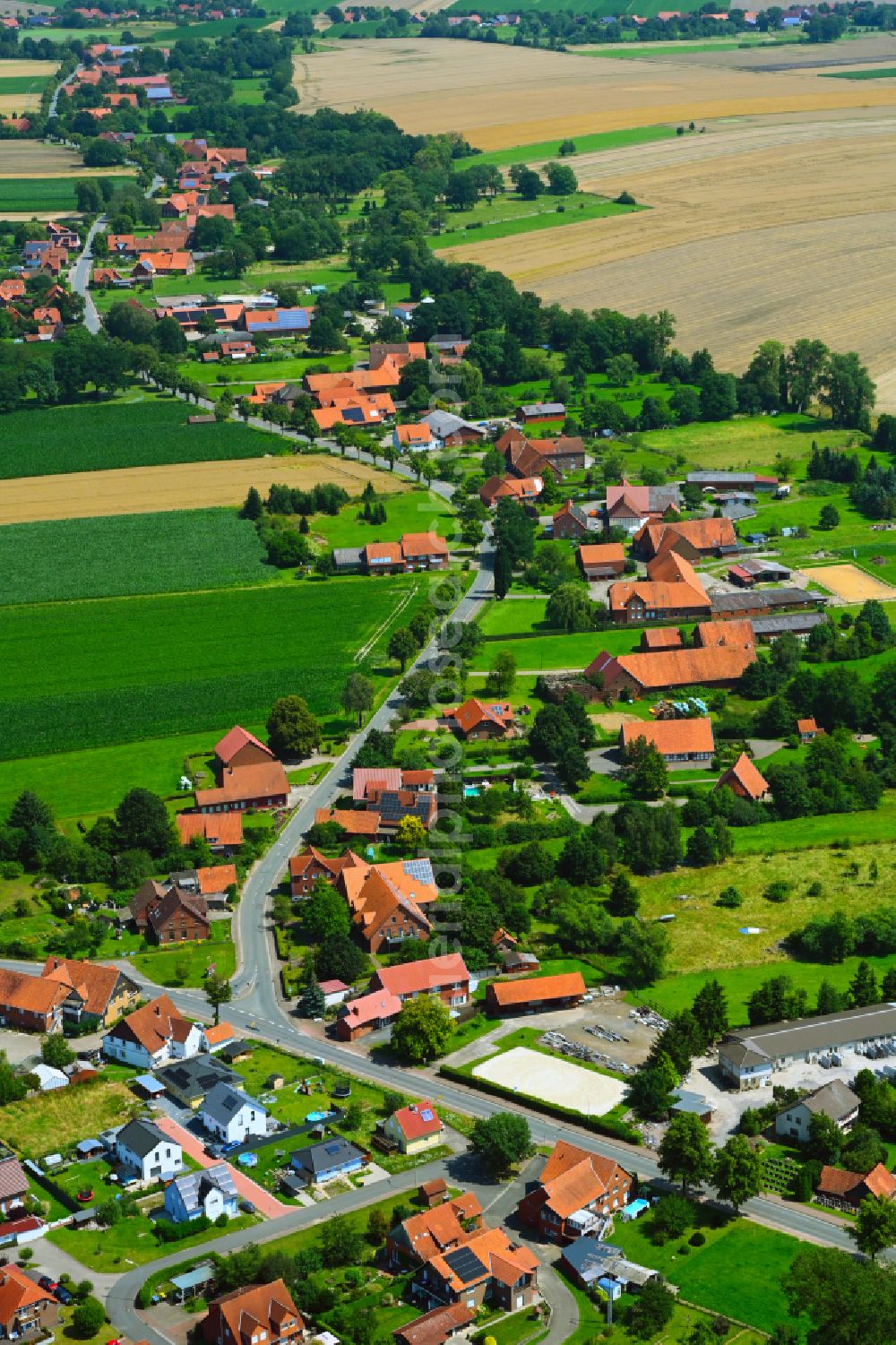 Aerial image Lauenhagen - Agricultural land and field boundaries surround the settlement area of the village in Lauenhagen in the state Lower Saxony, Germany