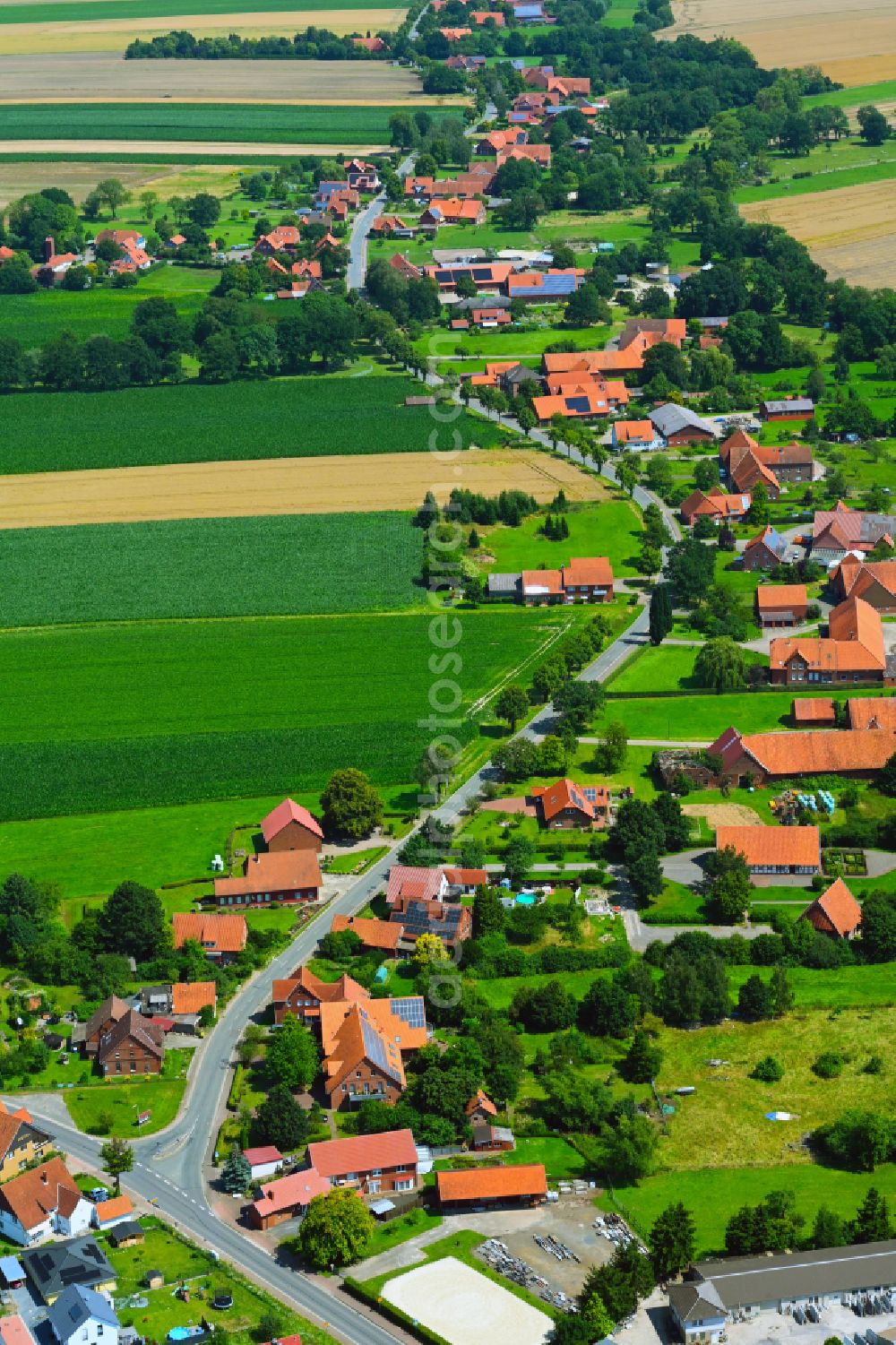 Aerial photograph Lauenhagen - Agricultural land and field boundaries surround the settlement area of the village in Lauenhagen in the state Lower Saxony, Germany