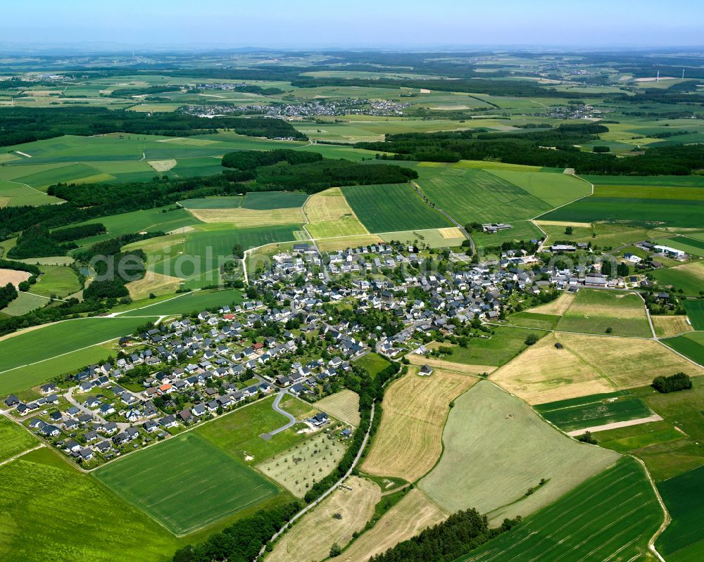 Aerial photograph Laufersweiler - Agricultural land and field boundaries surround the settlement area of the village in Laufersweiler in the state Rhineland-Palatinate, Germany