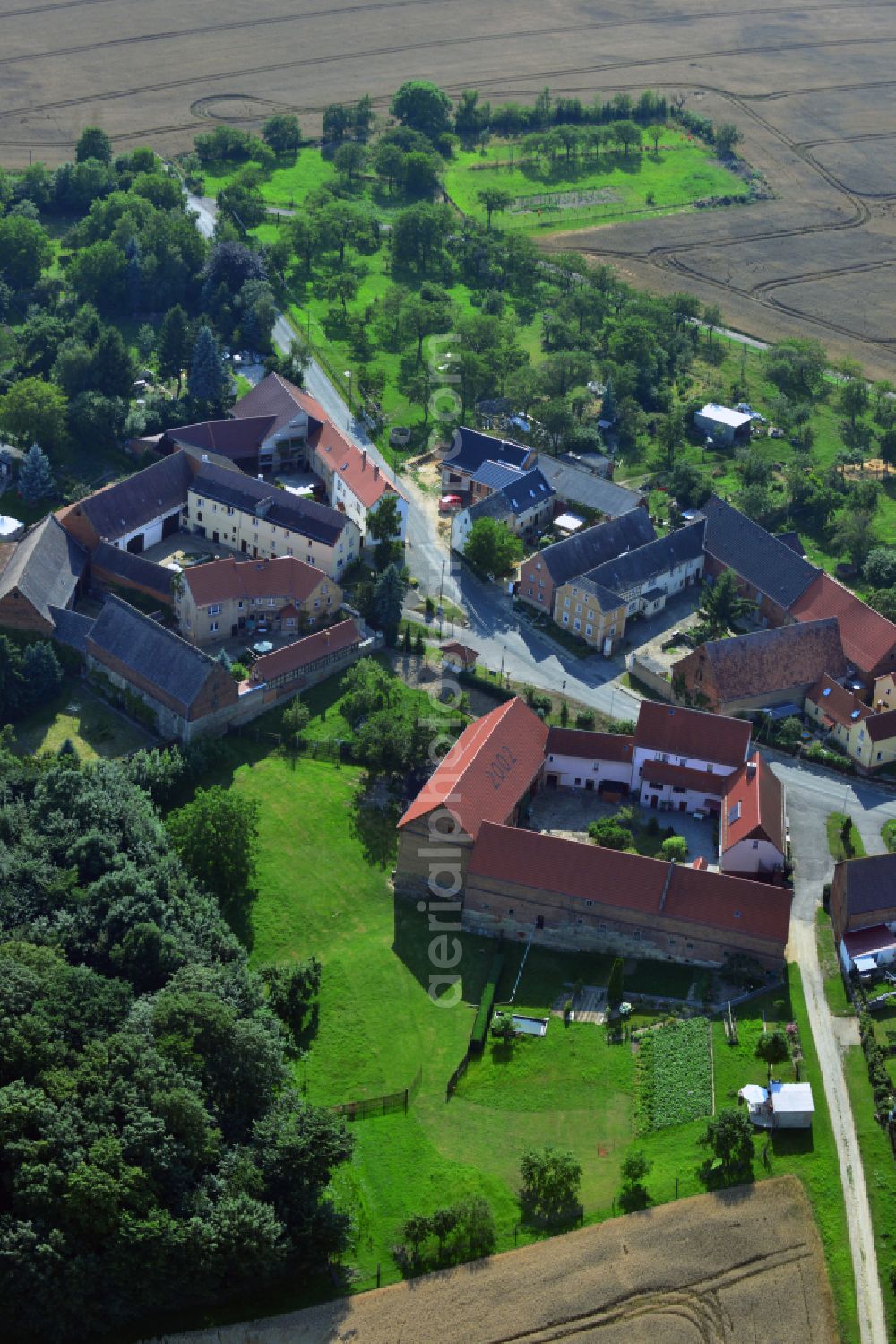 Aerial photograph Launewitz - Agricultural land and field boundaries surround the settlement area of the village in Launewitz in the state Thuringia, Germany