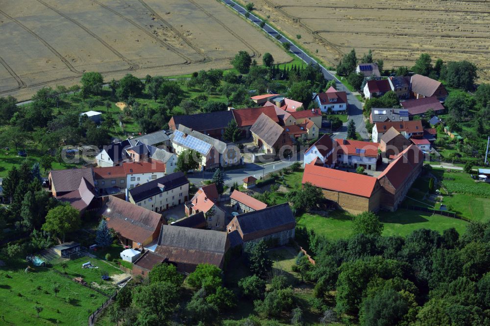 Launewitz from above - Agricultural land and field boundaries surround the settlement area of the village in Launewitz in the state Thuringia, Germany