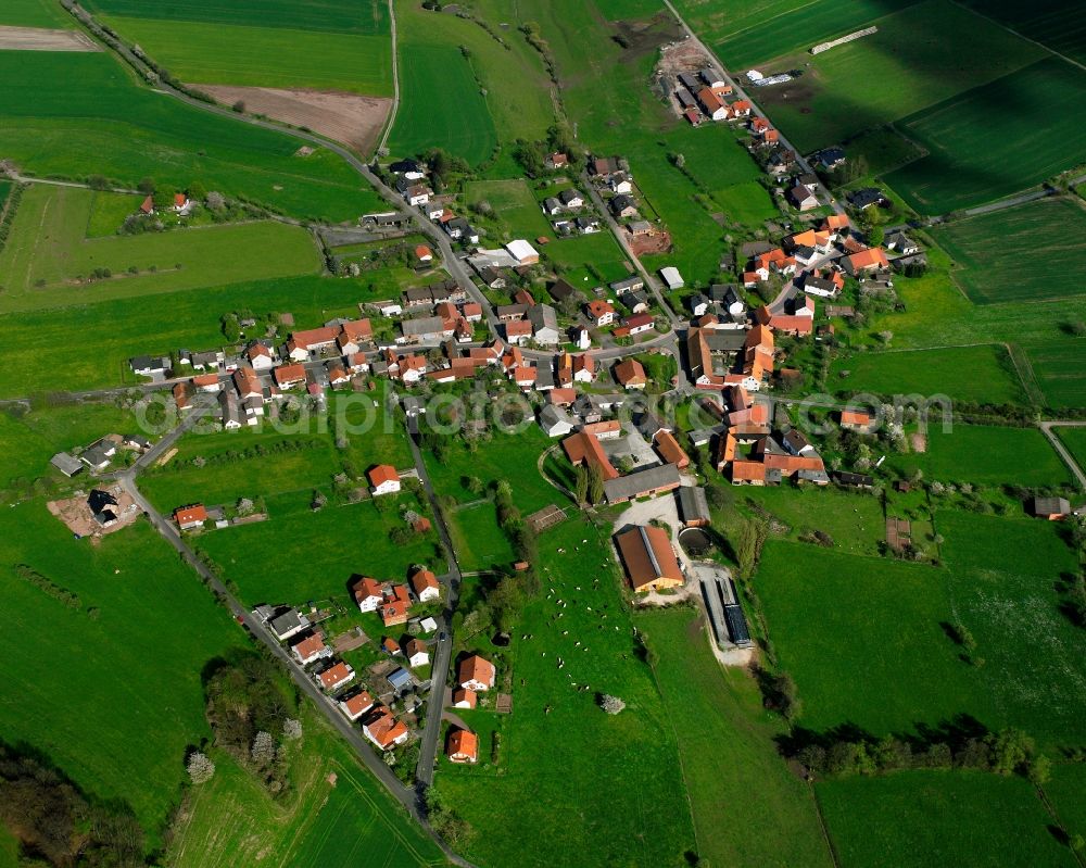 Aerial photograph Lautenhausen - Agricultural land and field boundaries surround the settlement area of the village in Lautenhausen in the state Hesse, Germany