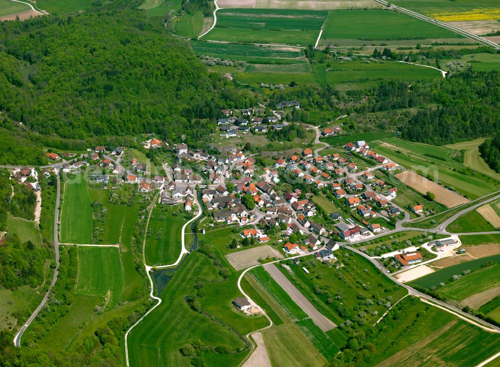 Aerial image Lauterach - Agricultural land and field boundaries surround the settlement area of the village in Lauterach in the state Baden-Wuerttemberg, Germany