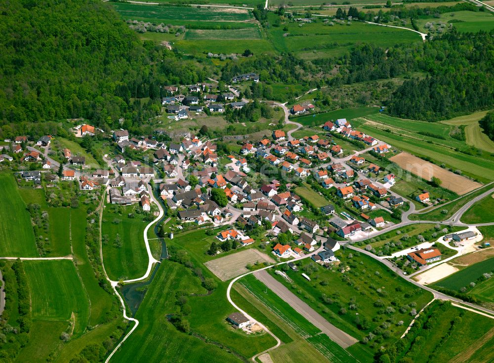 Aerial photograph Lauterach - Agricultural land and field boundaries surround the settlement area of the village in Lauterach in the state Baden-Wuerttemberg, Germany