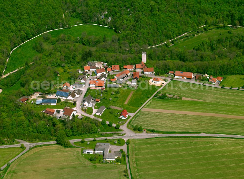 Lauterach from the bird's eye view: Agricultural land and field boundaries surround the settlement area of the village in Lauterach in the state Baden-Wuerttemberg, Germany