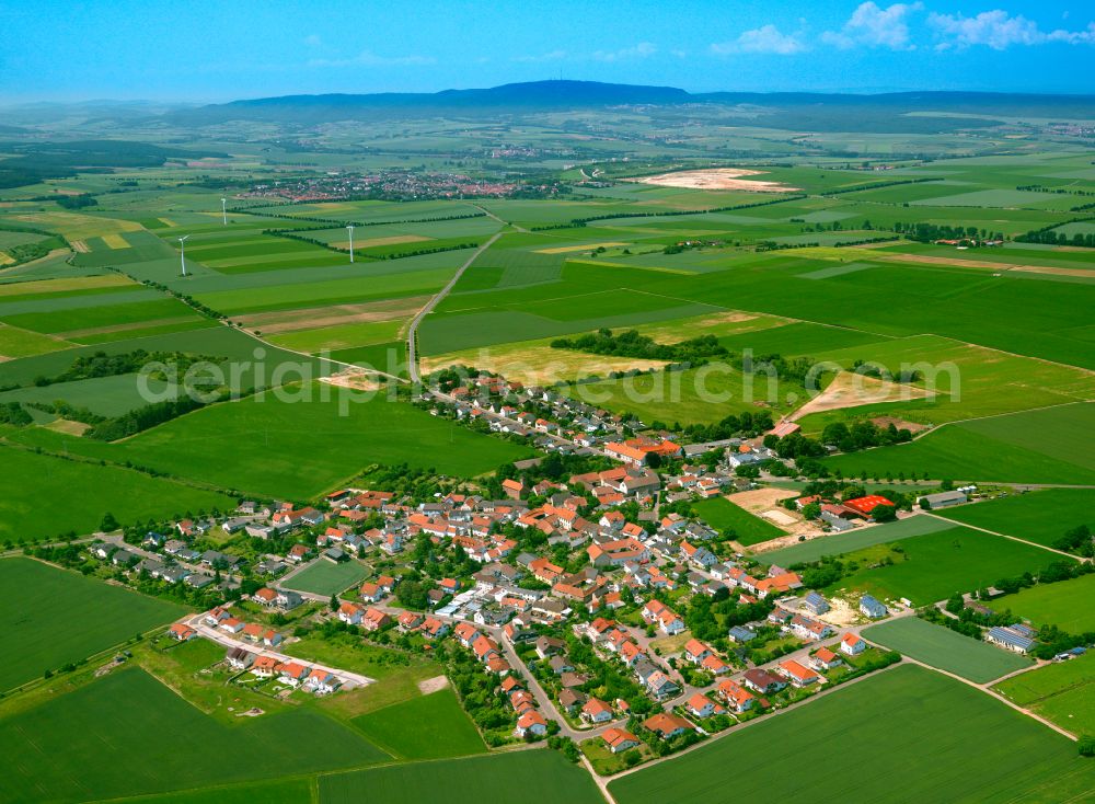 Lautersheim from above - Agricultural land and field boundaries surround the settlement area of the village in Lautersheim in the state Rhineland-Palatinate, Germany