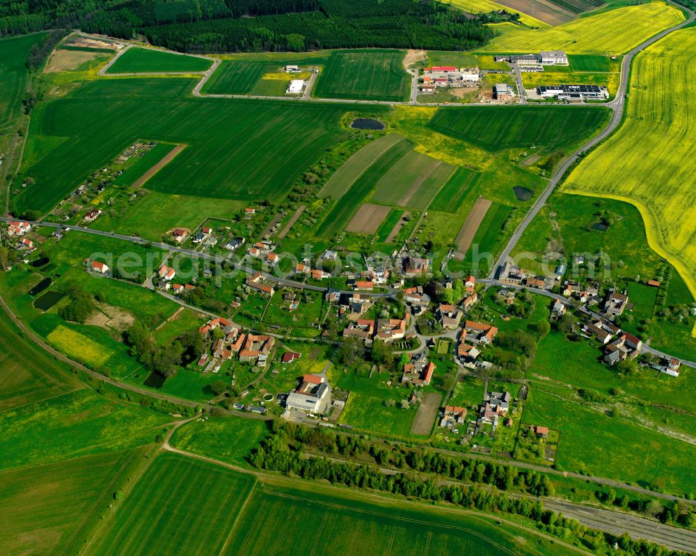 Lederhose from the bird's eye view: Agricultural land and field boundaries surround the settlement area of the village in Lederhose in the state Thuringia, Germany