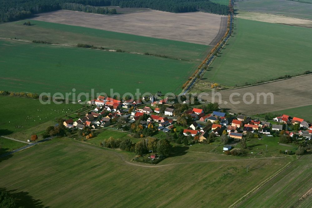 Aerial image Lehnsdorf - Agricultural land and field boundaries surround the settlement area of the village in Lehnsdorf in the state Brandenburg, Germany