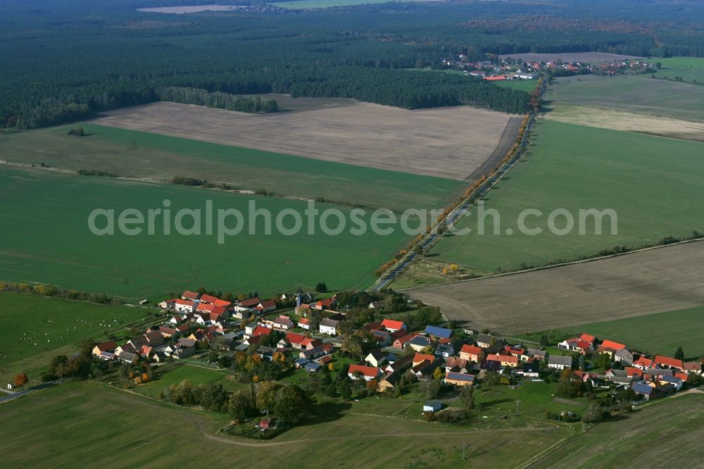 Aerial photograph Lehnsdorf - Agricultural land and field boundaries surround the settlement area of the village in Lehnsdorf in the state Brandenburg, Germany