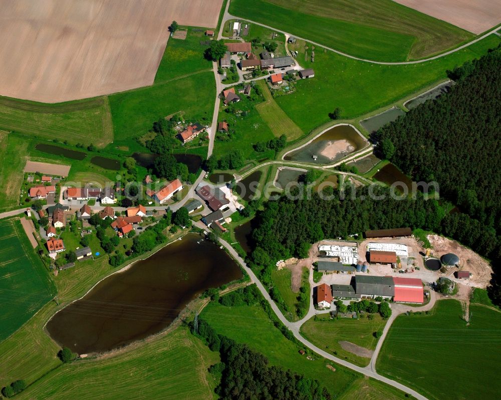 Leichsenhof from the bird's eye view: Agricultural land and field boundaries surround the settlement area of the village in Leichsenhof in the state Bavaria, Germany