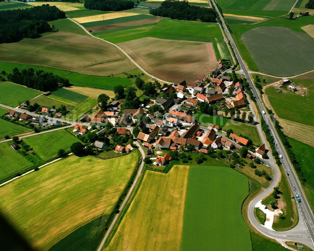 Leidendorf from the bird's eye view: Agricultural land and field boundaries surround the settlement area of the village in Leidendorf in the state Bavaria, Germany