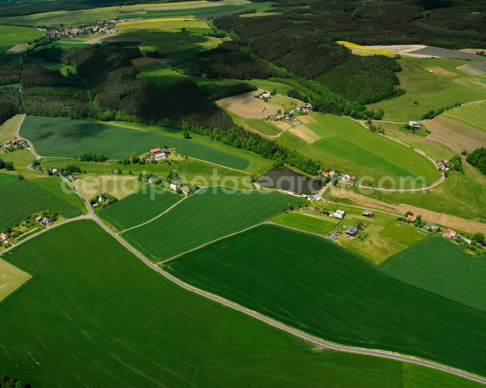 Aerial photograph Leiningen - Agricultural land and field boundaries surround the settlement area of the village in Leiningen in the state Thuringia, Germany