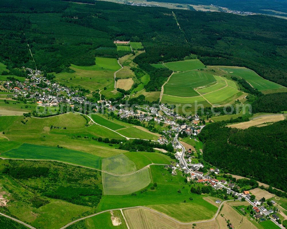 Aerial image Leisel - Agricultural land and field boundaries surround the settlement area of the village in Leisel in the state Rhineland-Palatinate, Germany