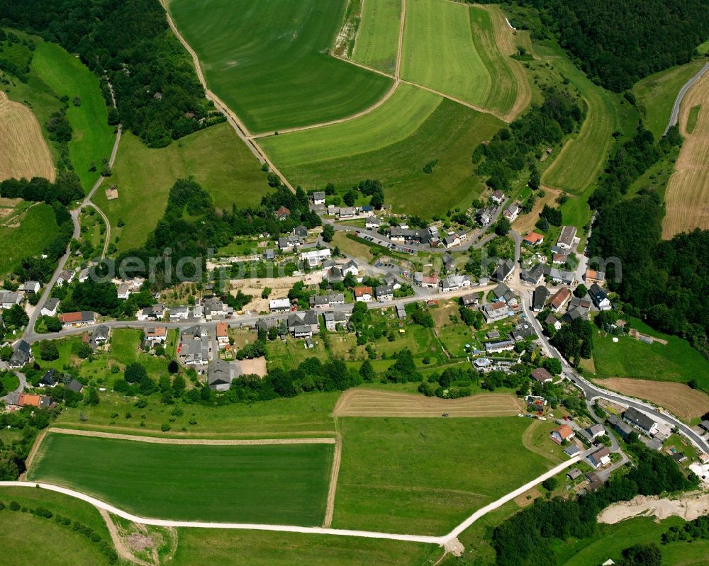 Leisel from above - Agricultural land and field boundaries surround the settlement area of the village in Leisel in the state Rhineland-Palatinate, Germany