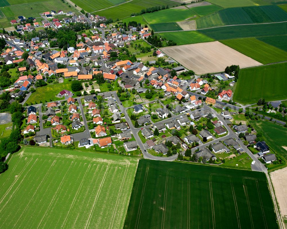 Leusel from above - Agricultural land and field boundaries surround the settlement area of the village in Leusel in the state Hesse, Germany