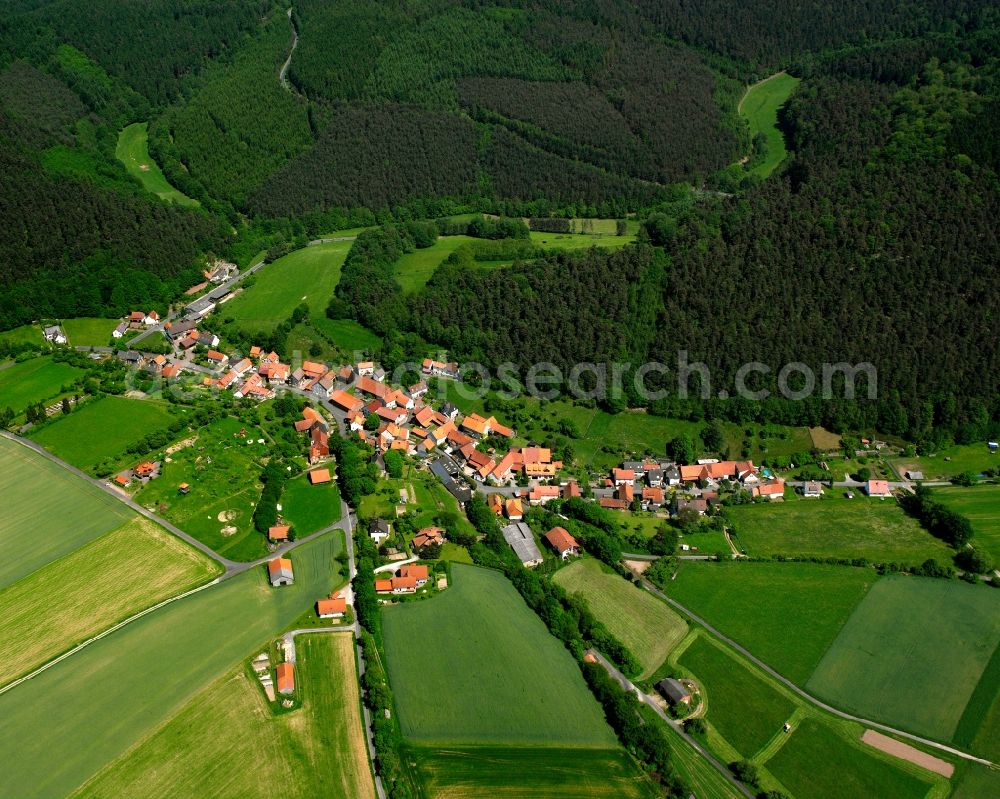 Aerial image Licherode - Agricultural land and field boundaries surround the settlement area of the village in Licherode in the state Hesse, Germany