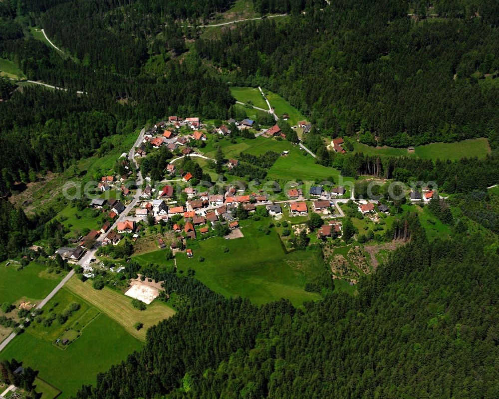 Aerial photograph Liemersbach - Agricultural land and field boundaries surround the settlement area of the village in Liemersbach in the state Baden-Wuerttemberg, Germany