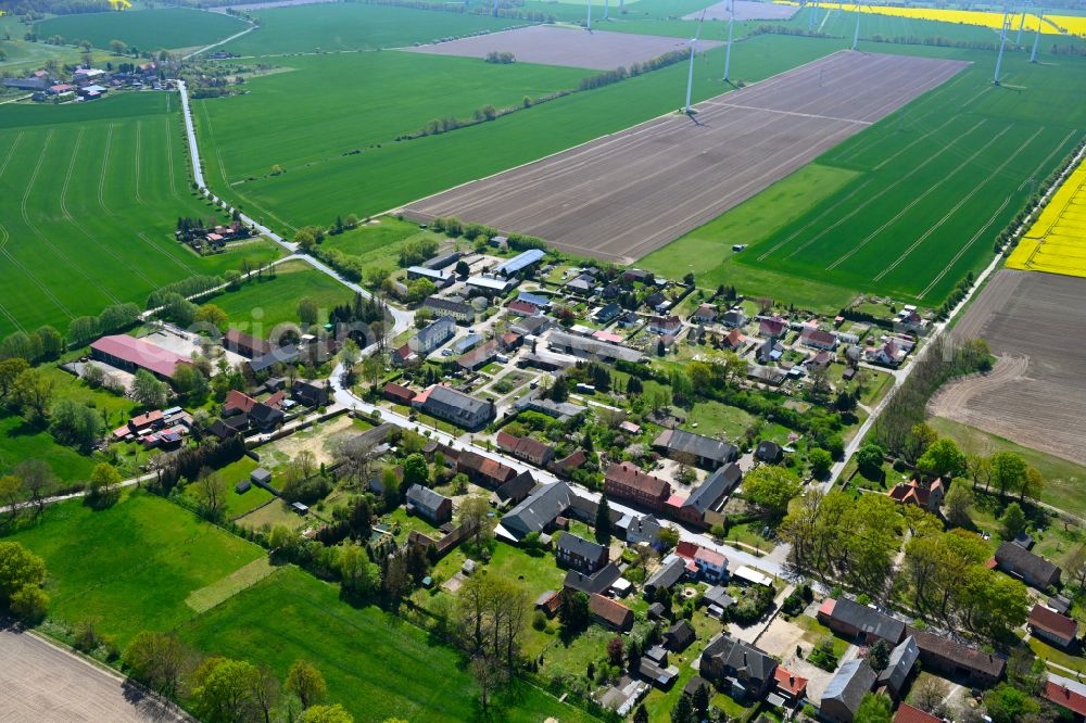 Liesten from above - Agricultural land and field boundaries surround the settlement area of the village in Liesten in the state Saxony-Anhalt, Germany