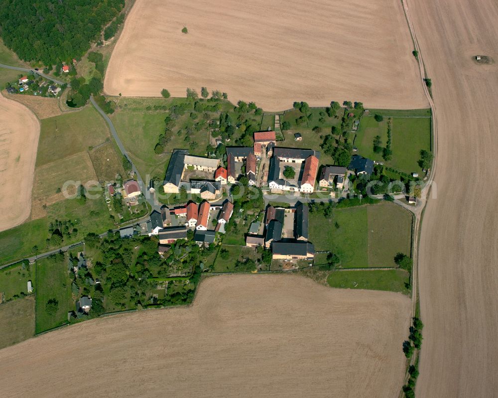 Lietzsch from the bird's eye view: Agricultural land and field boundaries surround the settlement area of the village in Lietzsch in the state Thuringia, Germany