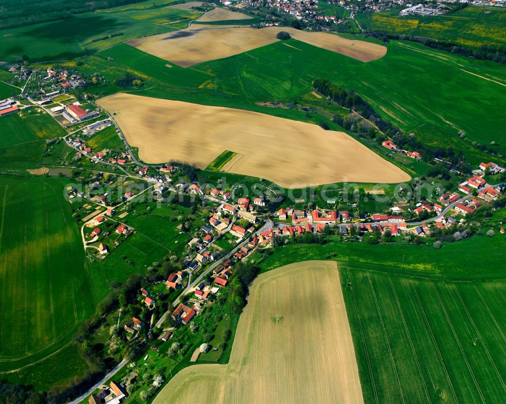 Aerial image Lindenkreuz - Agricultural land and field boundaries surround the settlement area of the village in Lindenkreuz in the state Thuringia, Germany