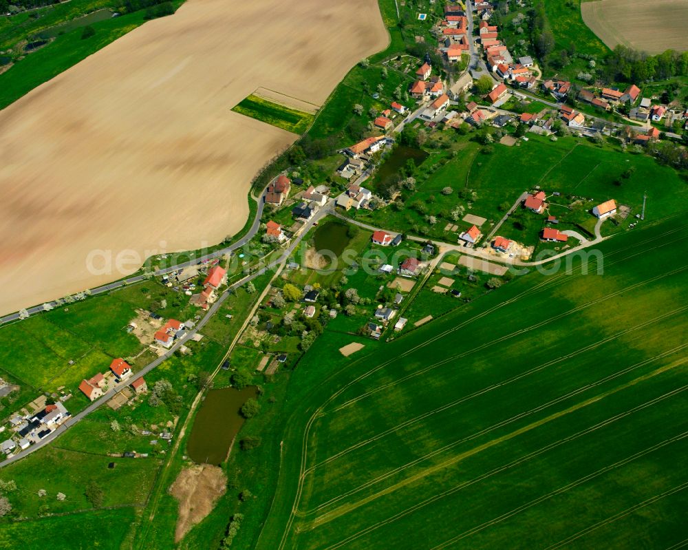 Aerial photograph Lindenkreuz - Agricultural land and field boundaries surround the settlement area of the village in Lindenkreuz in the state Thuringia, Germany