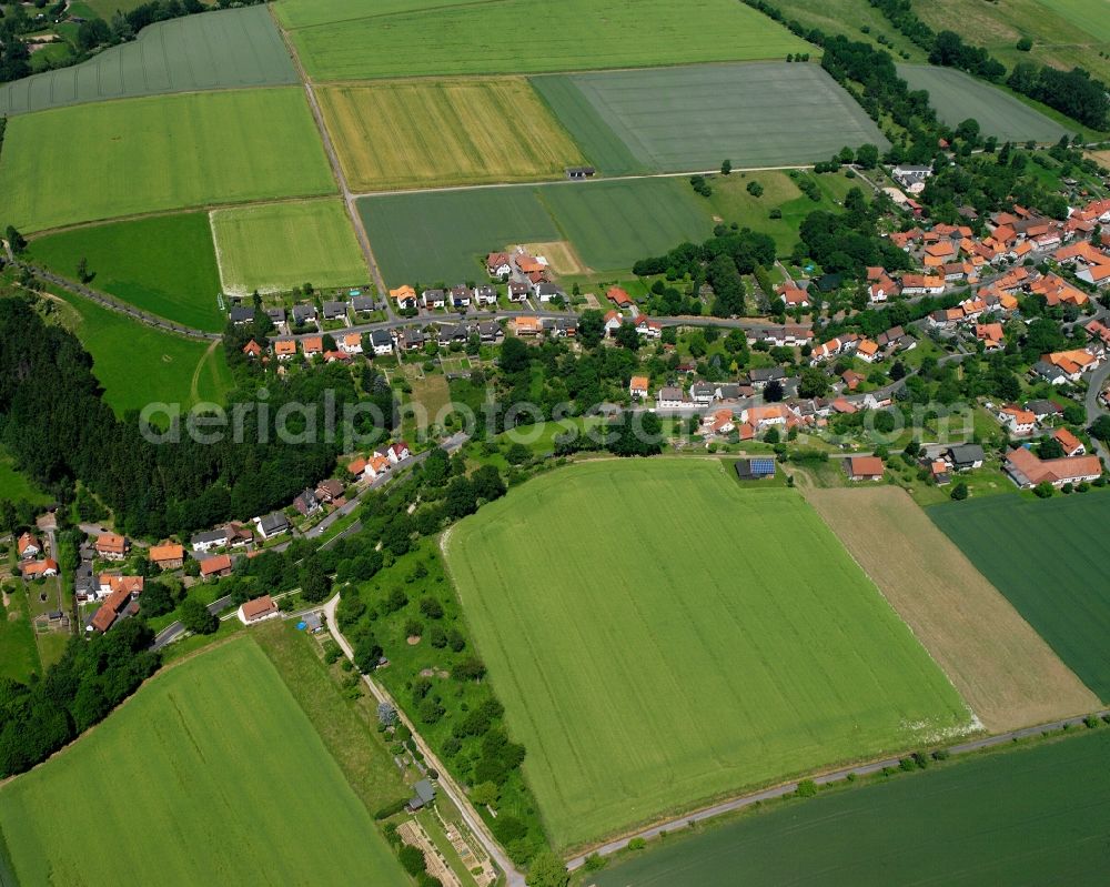 Aerial photograph Lippoldshausen - Agricultural land and field boundaries surround the settlement area of the village in Lippoldshausen in the state Lower Saxony, Germany